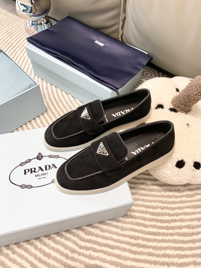 NIGO Prada Men's And Women's Spring/Summer Solid Color Fashionable Casual Round Toe Slip On Loafers In Cow Suede With Triangular Logo Shoes #nigo78267