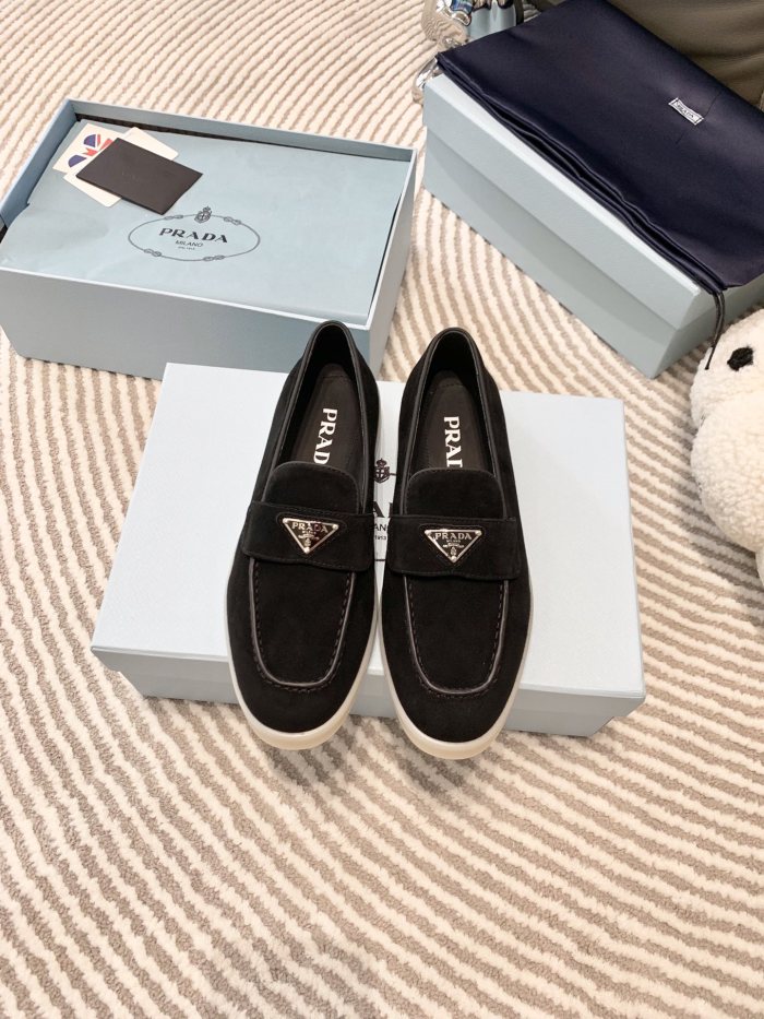 NIGO Prada Men's And Women's Spring/Summer Solid Color Fashionable Casual Round Toe Slip On Loafers In Cow Suede With Triangular Logo Shoes #nigo78267