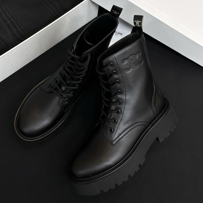 NIGO Celine Women's Spring/Fall Fashion Classic Nylon Glossy Leather Lace Up Thick Sole Martin Boots Short Boots Shoes #nigo78277