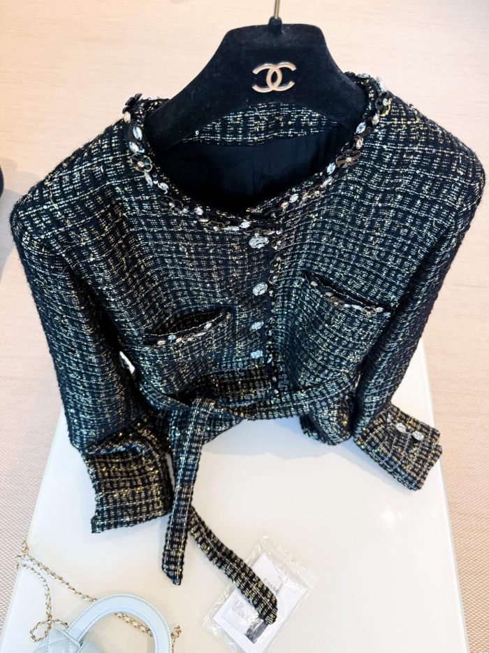 NIGO Chanel Women's Spring/Autumn Retro Black And Gold Rhinestone Flower Embroidery Shiny Twill Wool Blend Belted Long Sleeve Jacket Ngvp #nigo2154