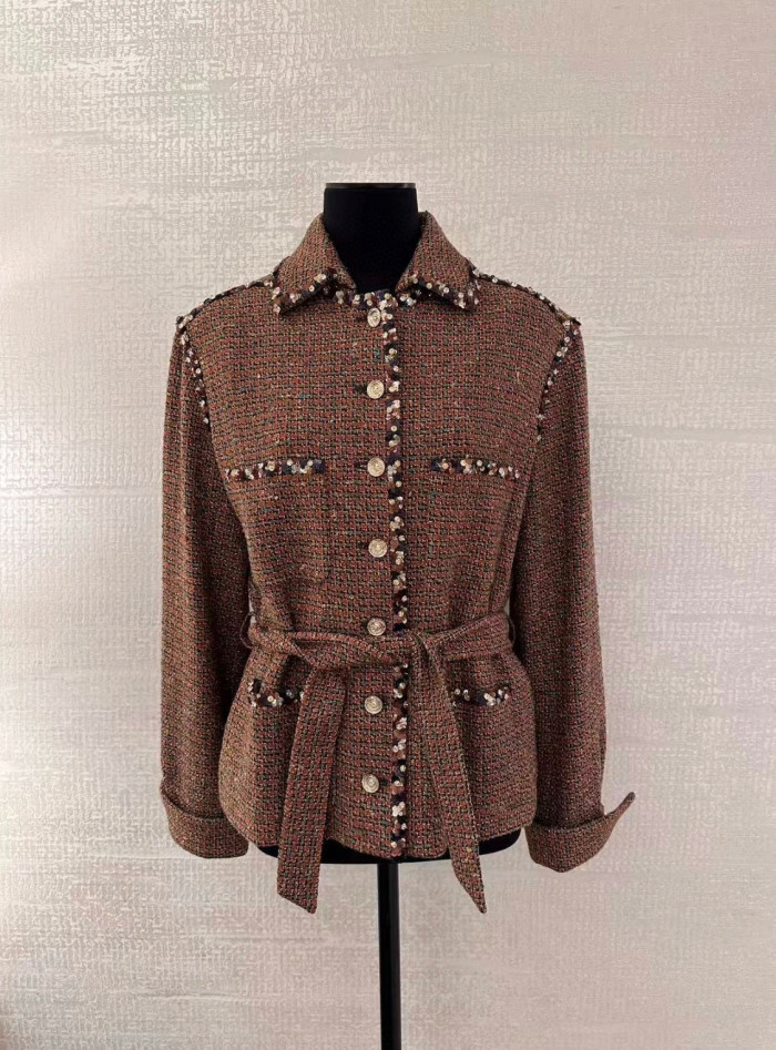 NIGO Chanel Women's Fall And Winter Golden Brown Belt Tweed Silhouette Jacket Sequins Beaded On The Button Luxury Retro Slim Jacket Ngvp #nigo2235