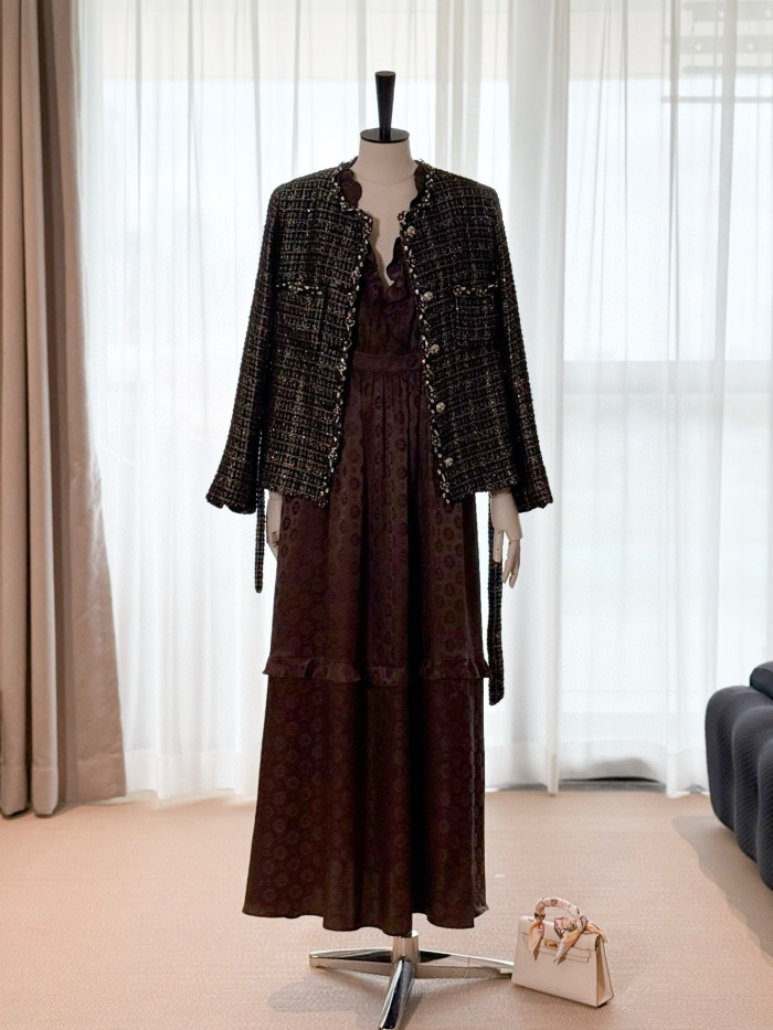 NIGO Chanel Women's Spring/Autumn Retro Black And Gold Rhinestone Flower Embroidery Shiny Twill Wool Blend Belted Long Sleeve Jacket Ngvp #nigo2154