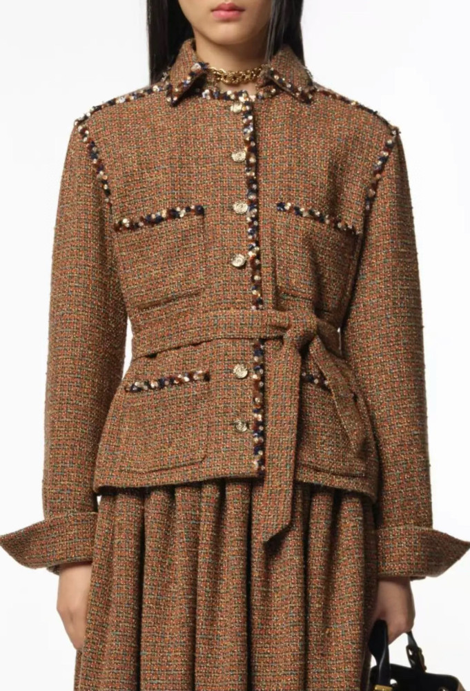 NIGO Chanel Women's Fall And Winter Golden Brown Belt Tweed Silhouette Jacket Sequins Beaded On The Button Luxury Retro Slim Jacket Ngvp #nigo2235