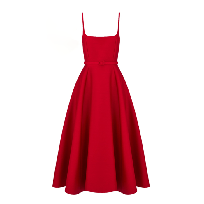 NIGO Dior Women's Spring/Summer Two-Tone Pearl Belt Flared High Street Solid Color Square Neck Mid-Length Halter Dresses Ngvp #nigo2157