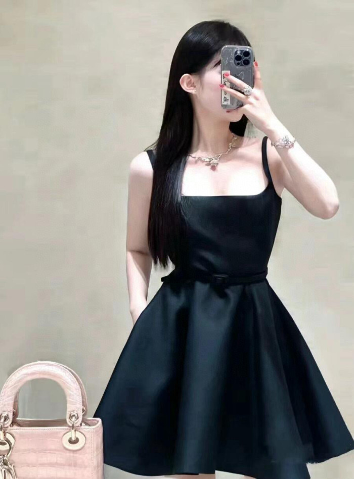NIGO Dior Women's Spring/Autumn Square Neck Silk And Wool Short Zipper Solid Color Belt Sleeveless Halter Dresses Ngvp #nigo2158