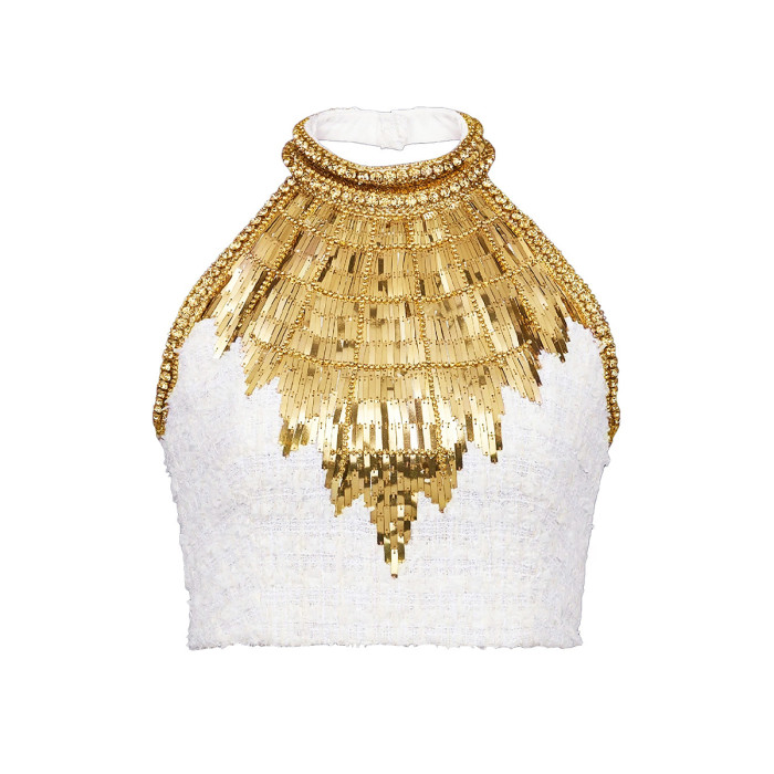 NIGO Balmain Women's Summer Color Block Beaded And Rhinestone-Embellished Short Halter Tank Top Casual High-Street Sequined High-Waisted Tweed Skirt Ngvp #nigo2262