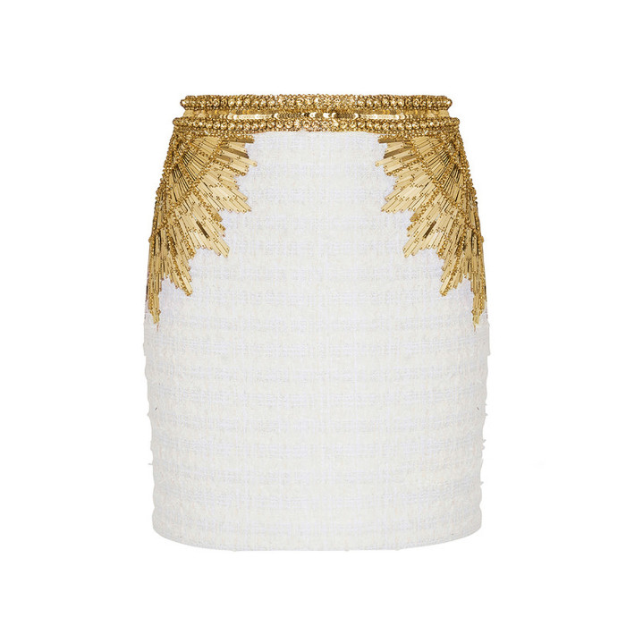NIGO Balmain Women's Summer Color Block Beaded And Rhinestone-Embellished Short Halter Tank Top Casual High-Street Sequined High-Waisted Tweed Skirt Ngvp #nigo2262