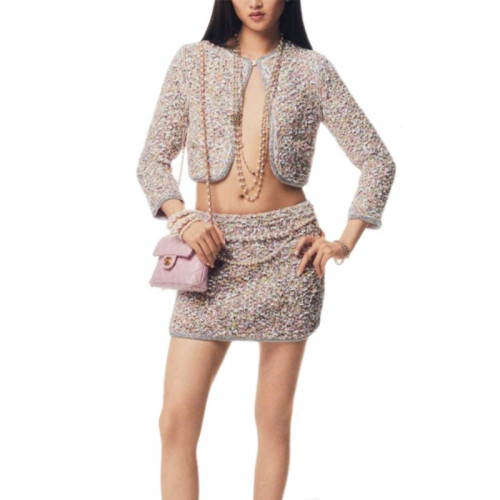 NIGO Chanel Women's Spring/Autumn Round Neck Rhinestone Trim Color Block Long Sleeve Cardigan Jacket Casual Tweed Stretch Skirt Ngvp #nigo2274