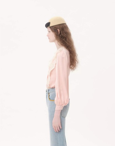 NIGO Valentino Women's Spring/Summer/Fall V-neck Color-block Lace Trim Silk Bubble Sleeve Hammered Satin Shirt Ngvp #nigo2278