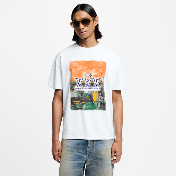 NIGO Louis Vuitton Men's Summer High Street Rhinestone Printed Solid Color Round Neck Cotton Straight Short Sleeve T-Shirt #nigo81481