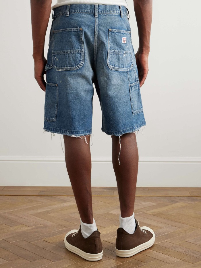 NIGO Saint Michael Men's And Women's Summer Distressed Vintage Loose-Fit Denim Shorts Solid Color Straight Leg Splash Print Hem Ripped Shorts Ngvp #nigo2275