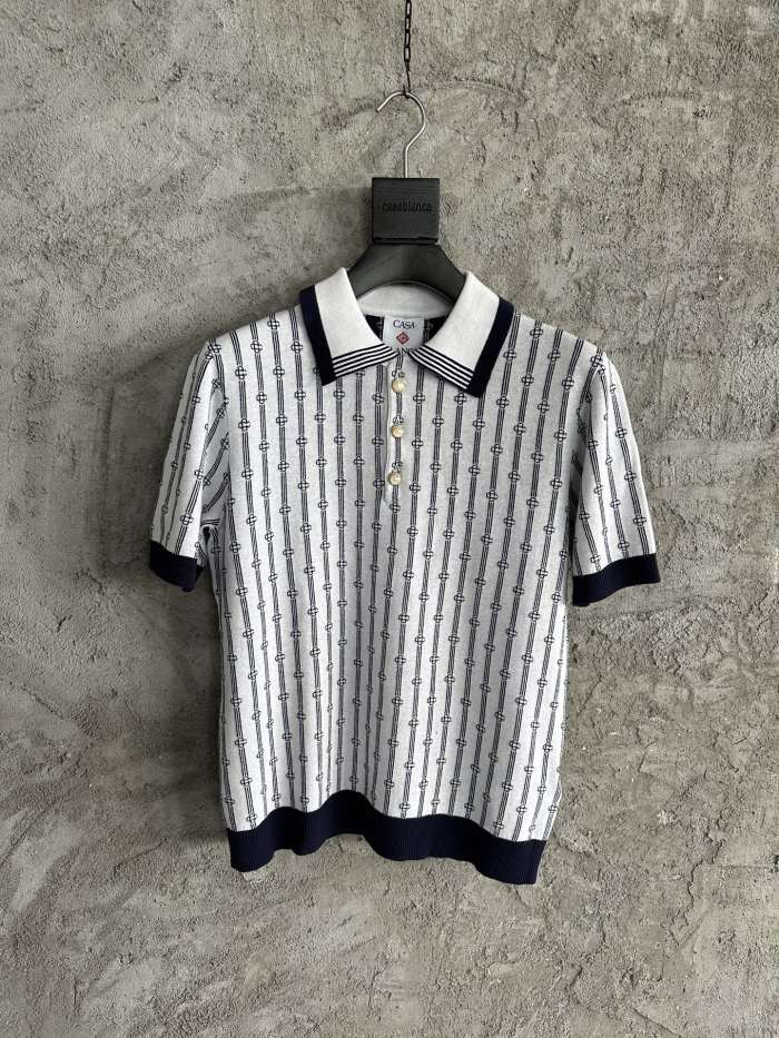 NIGO Casablanca Men's And Women's Summer Fashion Casual Collared Letter Combination Striped Knitted Polo Shirt Short Sleeved T-Shirt #nigo78332