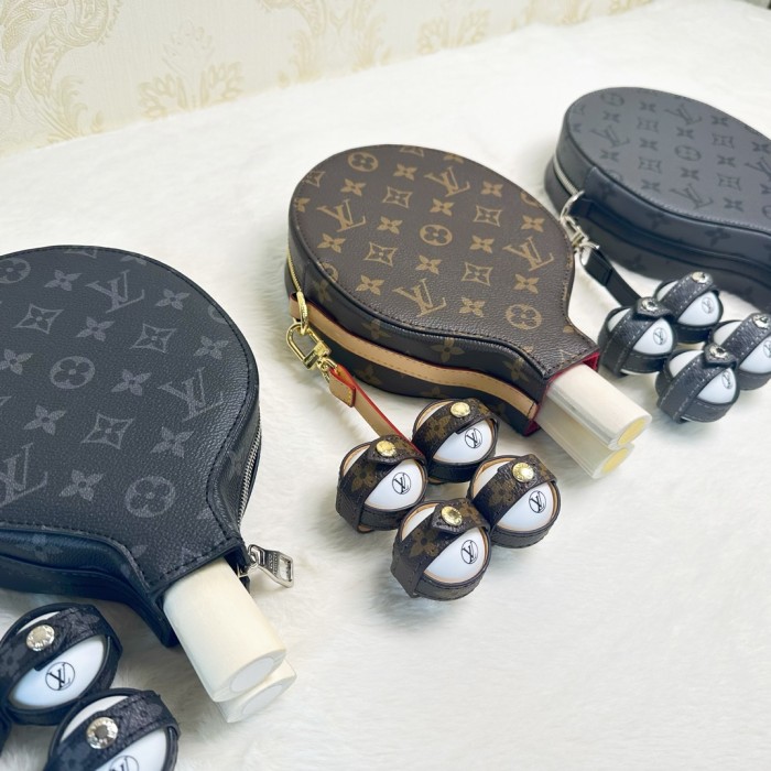 NIGO Louis Vuitton Men's And Women's Solid Color Vintage Portable Zippered Table Tennis Racket Bag Set Includes One Racket Cover, One Ball Cover, One Pair Of Solid Wood Rackets, Four Table Tennis Balls, And A Gift Box Accessories #nigo81486