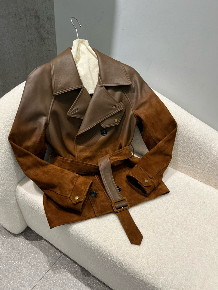 NIGO Ralph Lauren Women's Autumn And Winter Curry Leather Patchwork Jacket Belt Double Breasted Lapel Leather Jacket Ngvp #nigo2248