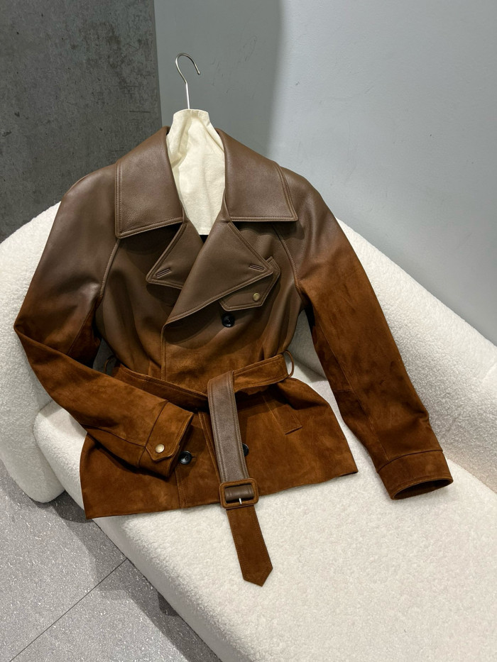 NIGO Ralph Lauren Women's Autumn And Winter Curry Leather Patchwork Jacket Belt Double Breasted Lapel Leather Jacket Ngvp #nigo2248