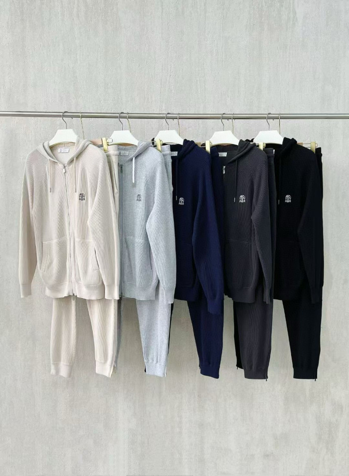 NIGO Brunello Cucinelli Men's Spring/autumn Fashion Casual Solid Color Logo Zipper Hoodie Ribbed Cotton Knit Pants Zipper Cuffs Suit Set #nigo78353