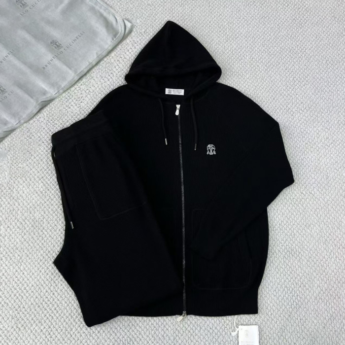 NIGO Brunello Cucinelli Men's Spring/autumn Fashion Casual Solid Color Logo Zipper Hoodie Ribbed Cotton Knit Pants Zipper Cuffs Suit Set #nigo78353