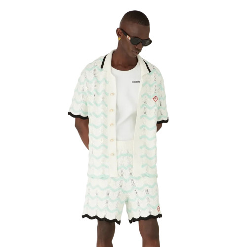 NIGO Casablanca Men's Summer Fashion Casual Knit Arch Wave Pattern Woven Pure Cotton Single Breasted Collar Shirt Waist Elastic Short Pants Suit Set #nigo78349