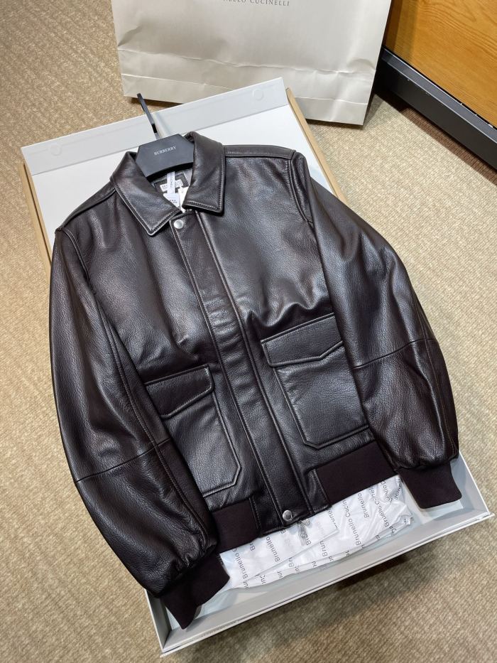 NIGO Brunello Cucinelli Men's Spring/Autumn Sheepskin Solid Color Zipper Collar Long Sleeve Grained Leather Aviator Jacket Ngvp #nigo2286