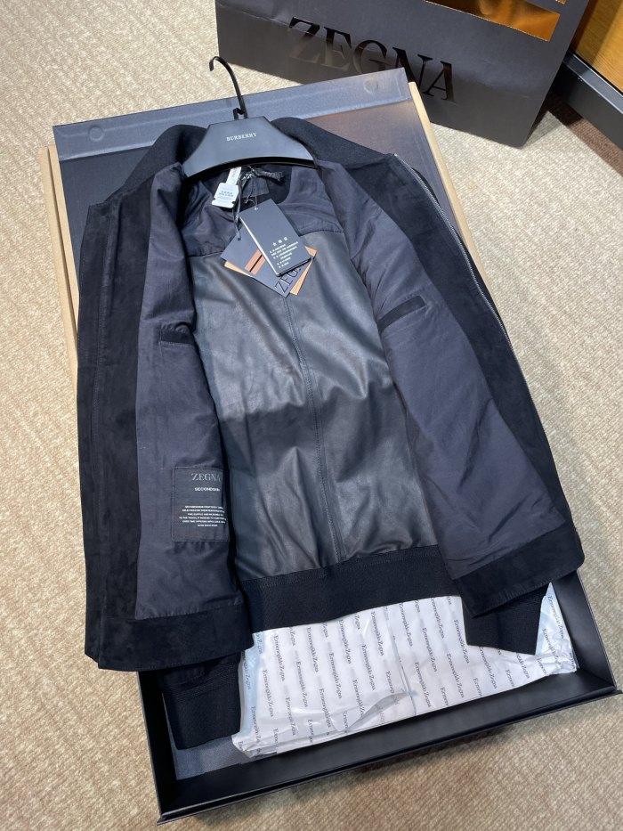 NIGO Ermenegildo Zegna Men's Secondskin Pilot Jacket Spring/Autumn Solid Color Baseball Collar Long Sleeve Zipper Leather Jacket Ngvp #nigo2289
