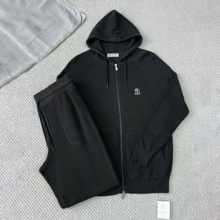 NIGO Brunello Cucinelli Men's Spring/autumn Fashion Casual Solid Color Logo Zipper Hoodie Ribbed Cotton Knit Pants Zipper Cuffs Suit Set #nigo78353
