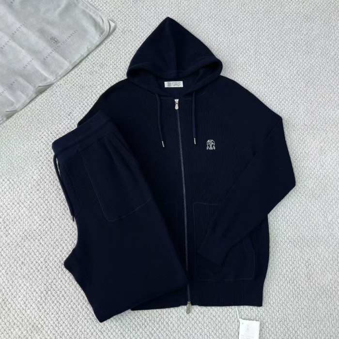 NIGO Brunello Cucinelli Men's Spring/autumn Fashion Casual Solid Color Logo Zipper Hoodie Ribbed Cotton Knit Pants Zipper Cuffs Suit Set #nigo78353