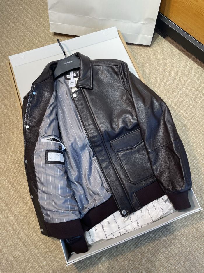 NIGO Brunello Cucinelli Men's Spring/Autumn Sheepskin Solid Color Zipper Collar Long Sleeve Grained Leather Aviator Jacket Ngvp #nigo2286