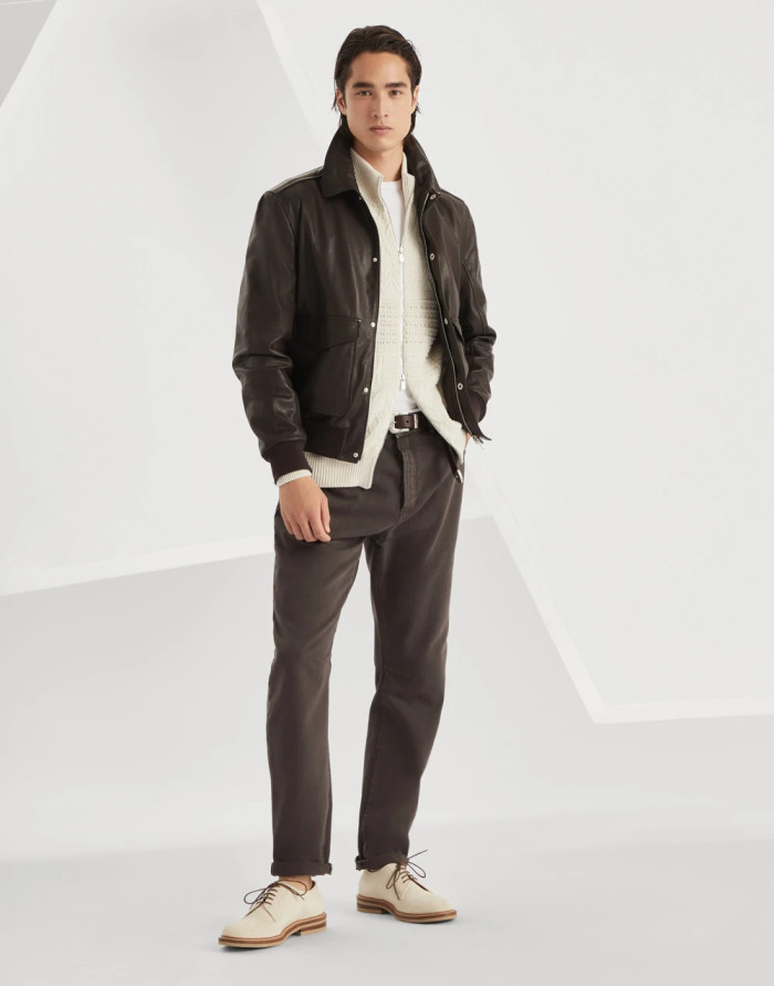 NIGO Brunello Cucinelli Men's Spring/Autumn Sheepskin Solid Color Zipper Collar Long Sleeve Grained Leather Aviator Jacket Ngvp #nigo2286