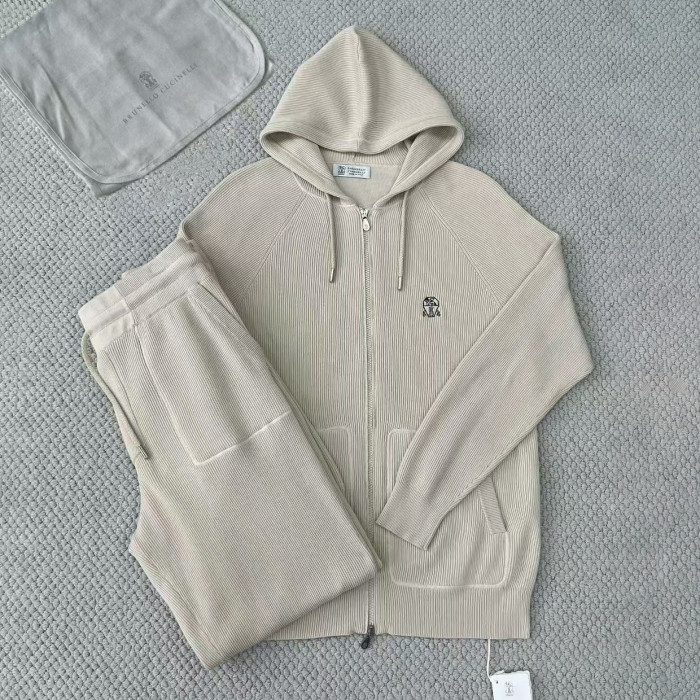 NIGO Brunello Cucinelli Men's Spring/autumn Fashion Casual Solid Color Logo Zipper Hoodie Ribbed Cotton Knit Pants Zipper Cuffs Suit Set #nigo78353