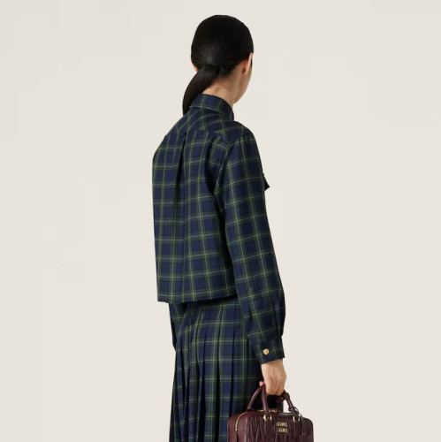 NIGO MiuMiu Women's Autumn/winter Fashion Casual Wool Fabric Plaid Collar Single Breasted Button Letter Patchwork Embroidered Checkered Short Shirt #nigo78356