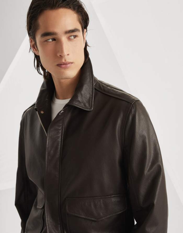 NIGO Brunello Cucinelli Men's Spring/Autumn Sheepskin Solid Color Zipper Collar Long Sleeve Grained Leather Aviator Jacket Ngvp #nigo2286