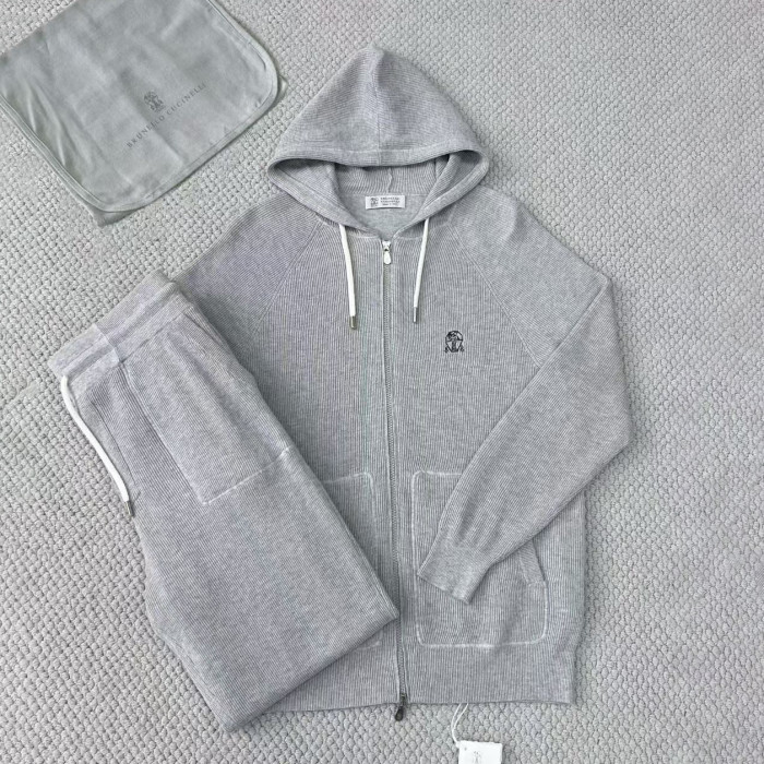NIGO Brunello Cucinelli Men's Spring/autumn Fashion Casual Solid Color Logo Zipper Hoodie Ribbed Cotton Knit Pants Zipper Cuffs Suit Set #nigo78353
