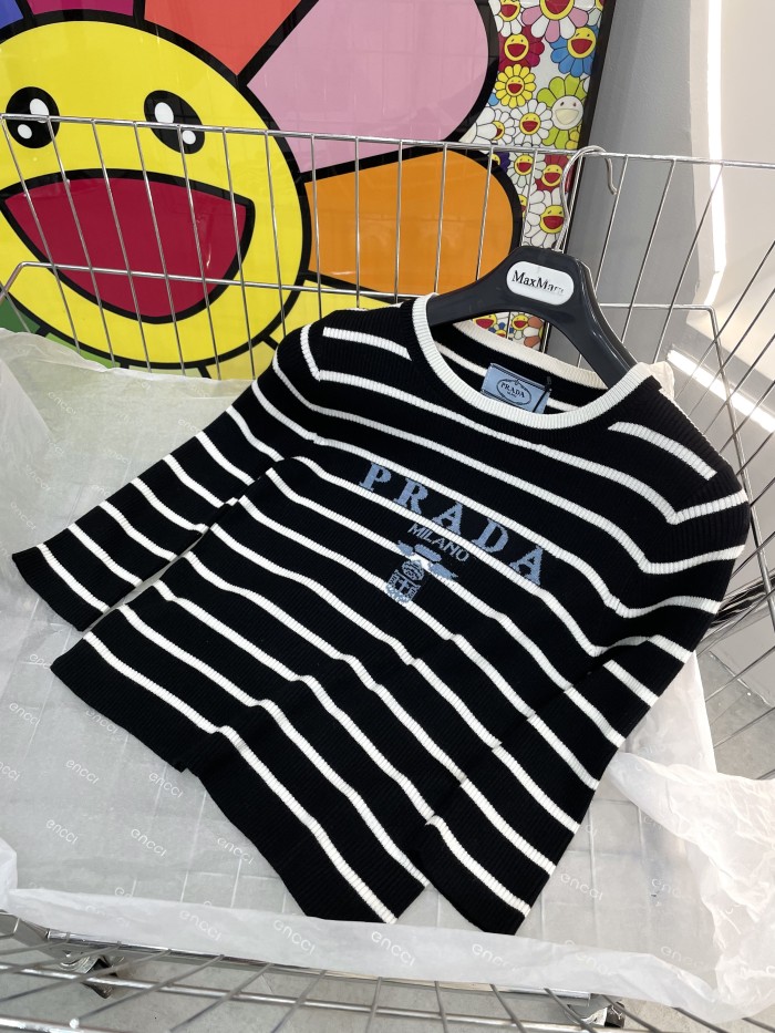 NIGO Prada Women's Autumn/Winter Fashion Casual Striped Color-Block Logo Letter Round Neck Wool Knit Sweater #nigo78375