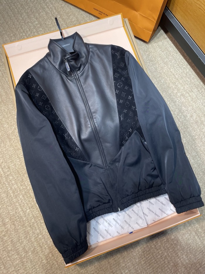 NIGO Louis Vuitton Men's Spring/summer Casual Fashion Solid Color Logo Embossed Zipper Cuff Elastic Mixed Leather Sports Jacket #nigo78366