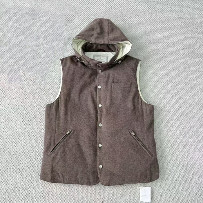 NIGO Brunello Cucinelli Men's Spring/Autumn Detachable Hooded Solid Color Single-Breasted Bonded Wool Flannel Down Vest Ngvp #nigo2293