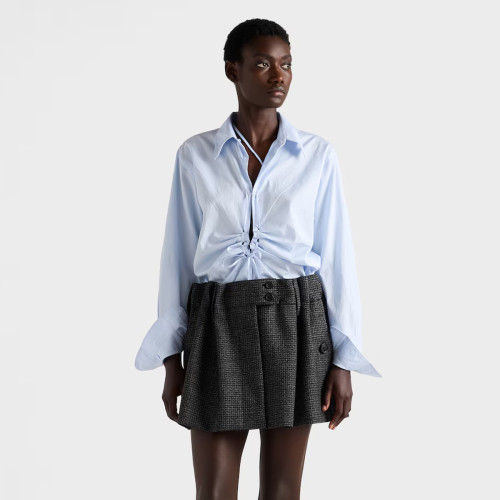 NIGO Prada Women's Spring/Autumn Cotton Pleated Tie-Front Collar Long-Sleeved Solid Color Fil-à-fil Shirt Ngvp #nigo2292