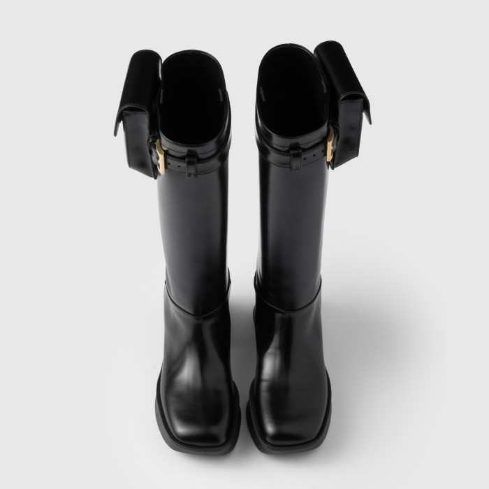 NIGO Prada Women's Autumn/winter Fashion Classic Solid Color Round Toe Buckle Shiny Leather High Top Thick Sole Boots Shoes #nigo78385