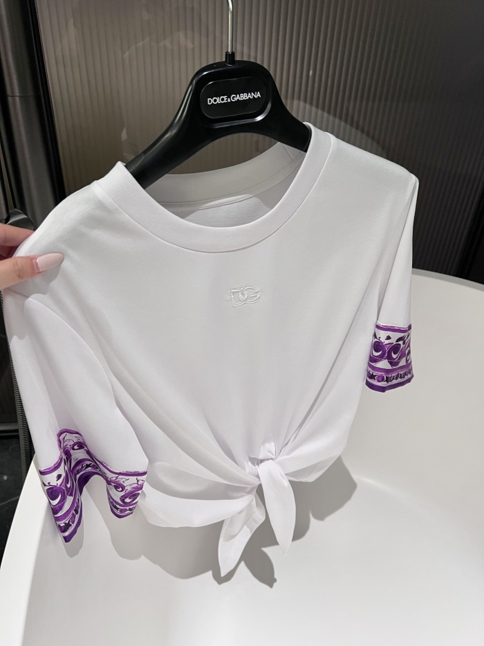 NIGO Dolce&Gabbana Women's Summer Logo Embroidered Tie-Front Round Neck Solid Color Silk Short Sleeve T-Shirt #nigo81493