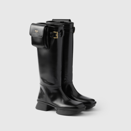 NIGO Prada Women's Autumn/winter Fashion Classic Solid Color Round Toe Buckle Shiny Leather High Top Thick Sole Boots Shoes #nigo78385