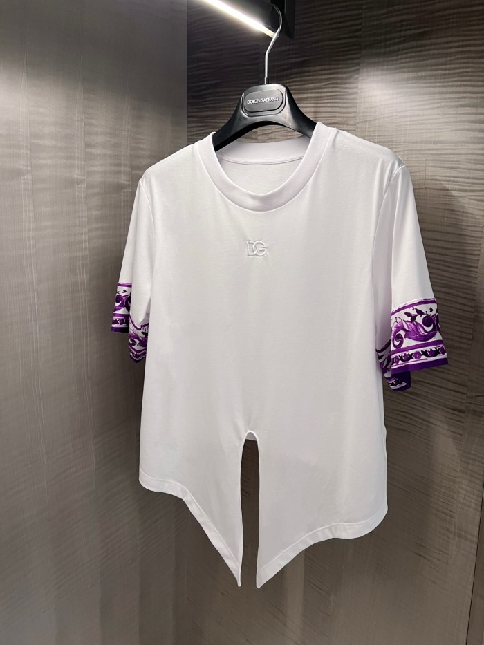 NIGO Dolce&Gabbana Women's Summer Logo Embroidered Tie-Front Round Neck Solid Color Silk Short Sleeve T-Shirt #nigo81493