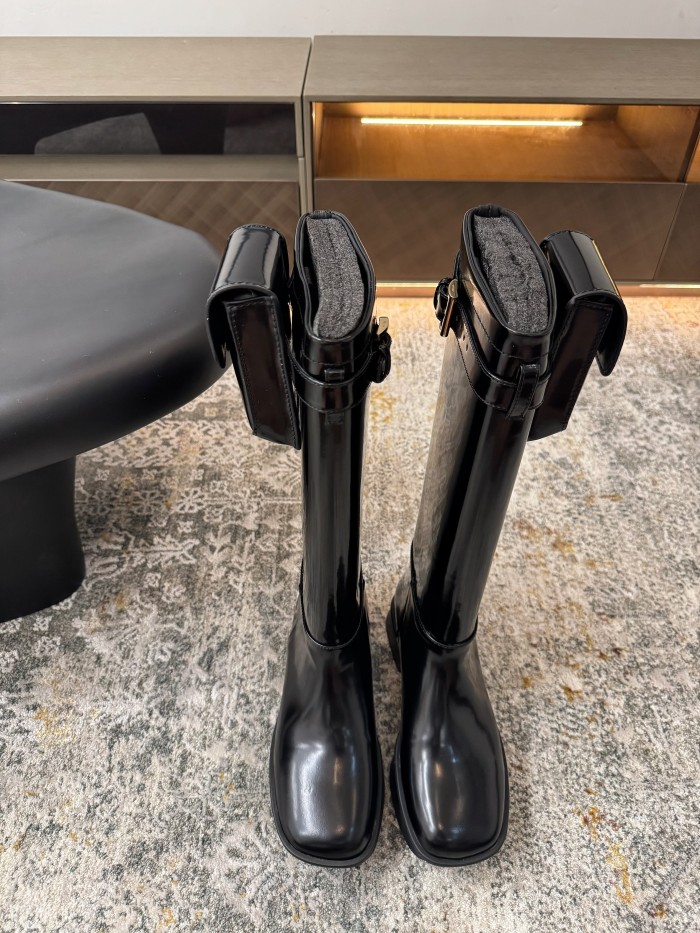 NIGO Prada Women's Autumn/winter Fashion Classic Solid Color Round Toe Buckle Shiny Leather High Top Thick Sole Boots Shoes #nigo78385