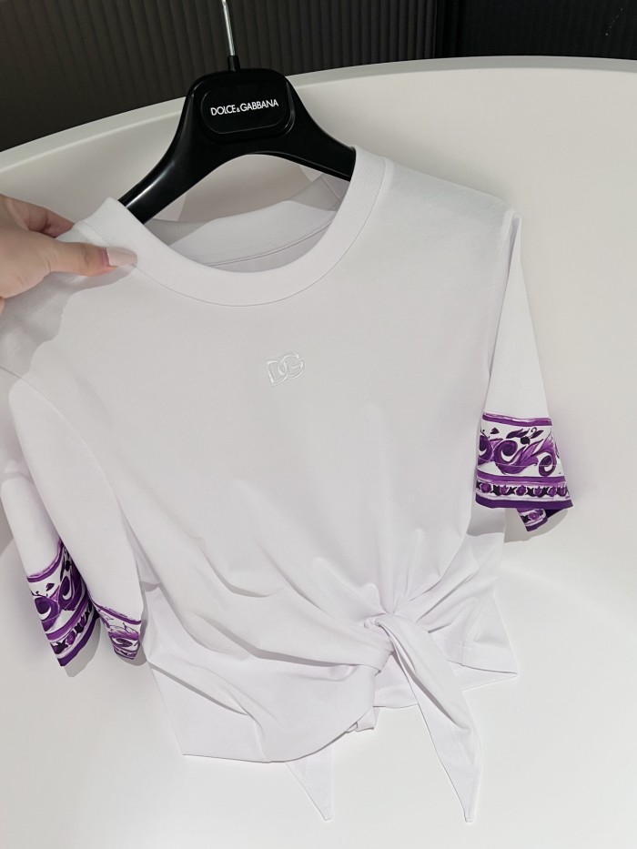 NIGO Dolce&Gabbana Women's Summer Logo Embroidered Tie-Front Round Neck Solid Color Silk Short Sleeve T-Shirt #nigo81493