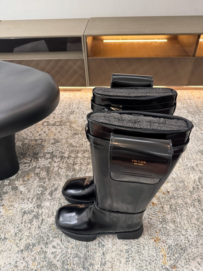 NIGO Prada Women's Autumn/winter Fashion Classic Solid Color Round Toe Buckle Shiny Leather High Top Thick Sole Boots Shoes #nigo78385