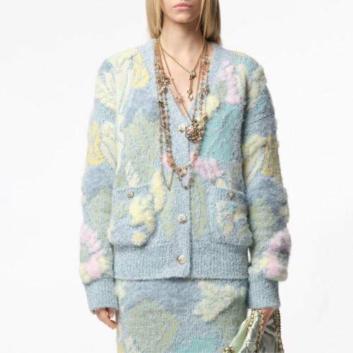 NIGO Chanel Women's Spring/Fall Fashion Classic Single Breasted High End Handmade Pure Wool Macaron Color Block Feather Floral Long Sleeved Cardigan Mid Length Casual Long Skirt Suit Set #nigo78392