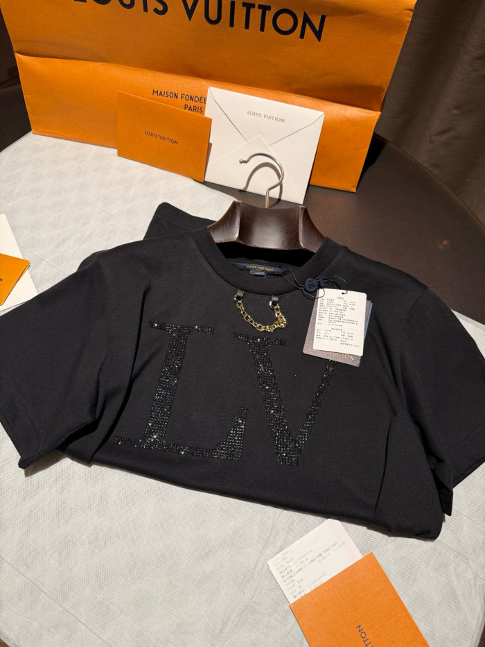 NIGO Louis Vuitton Women's Summer Logo Rhinestone Solid Color Short Sleeve Cotton Round Neck T-Shirt #nigo81513