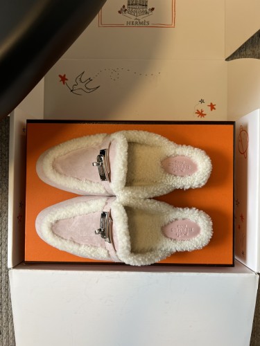 NIGO Hermes Women's Winter Suede Round-Toe Flat Half-Slip-On Shoes, Casual Solid Color Slip-On Slippers #nigo81517
