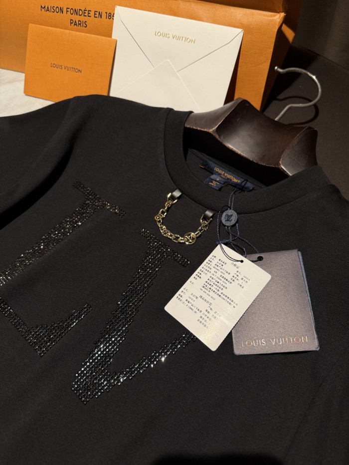 NIGO Louis Vuitton Women's Summer Logo Rhinestone Solid Color Short Sleeve Cotton Round Neck T-Shirt #nigo81513