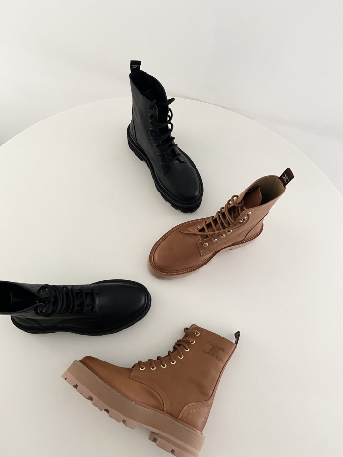 NIGO Celine Bulky Women's Solid Color Comfortable Leather Thick Sole Lace-Up Mid-Length Boots Shoes #nigo73715
