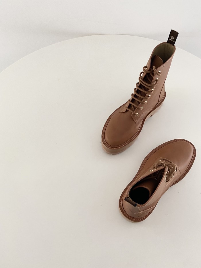 NIGO Celine Bulky Women's Solid Color Comfortable Leather Thick Sole Lace-Up Mid-Length Boots Shoes #nigo73715