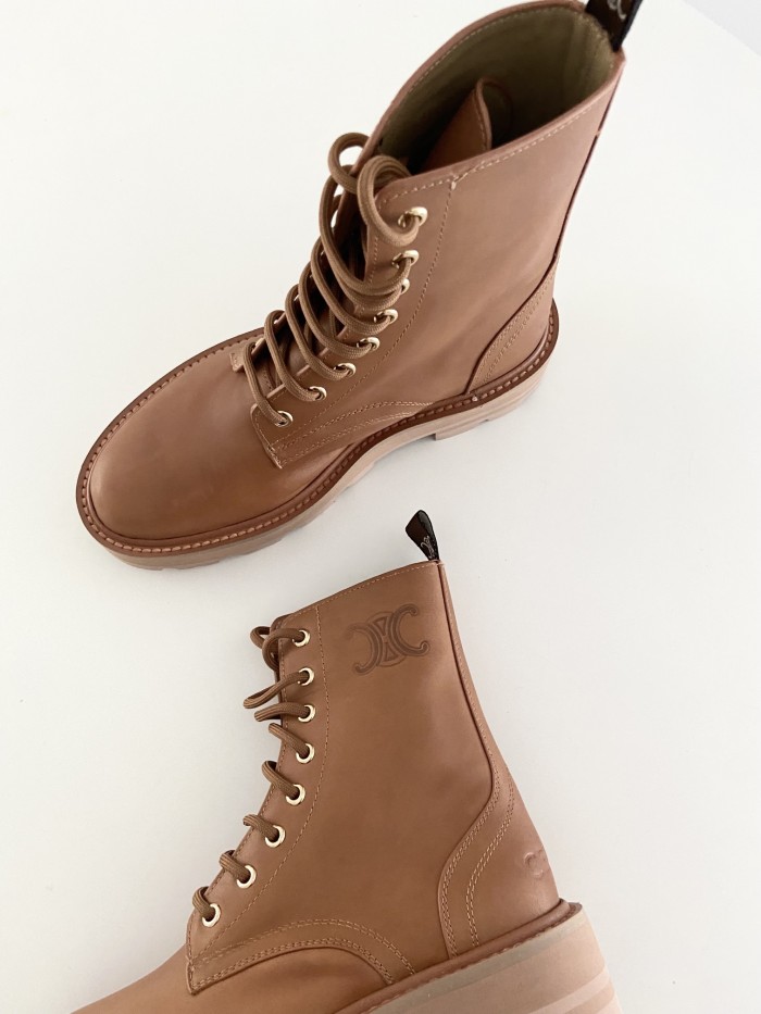 NIGO Celine Bulky Women's Solid Color Comfortable Leather Thick Sole Lace-Up Mid-Length Boots Shoes #nigo73715